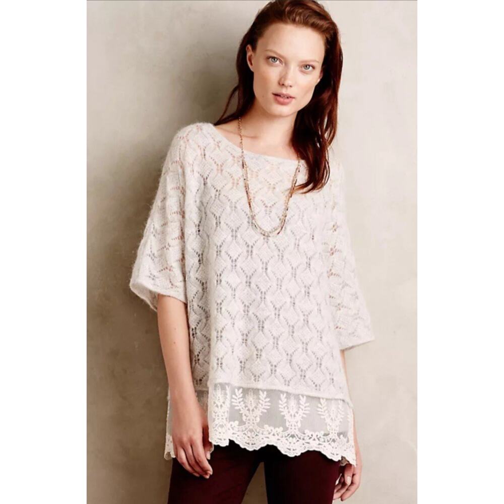 Anthropologie Knitted & Knotted Lace Trimmed Poncho Open Delicate Alpaca Cream